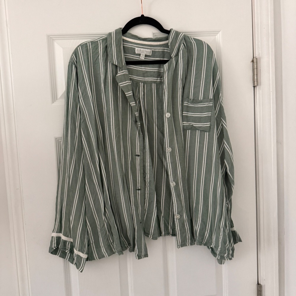 PJ Salvage Green White Stripe Rayon‎ Button Up Shirt Pajama Top Radiate Love 3X